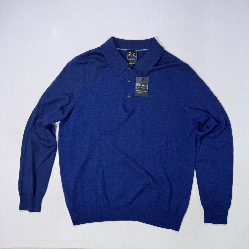 Jos A Bank Traveler Mens Large Blue 100% Merino Wool Long Sleeve Polo Sweater NW